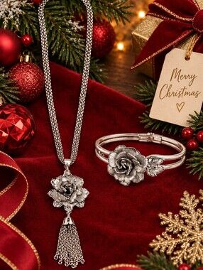 Vintage Giovanni Rose Necklace Bracelet Set Silver Tone Floral Clamper Tassel